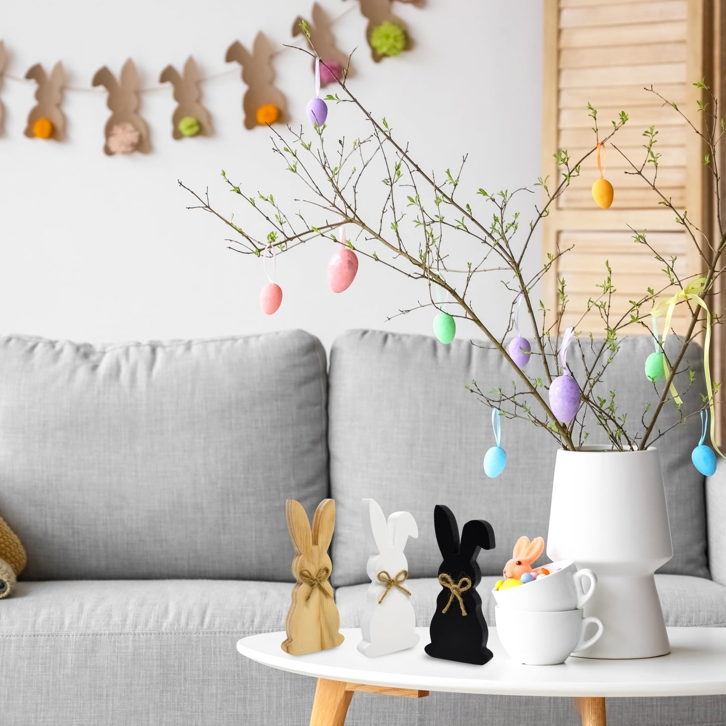 Easter Wooden Bunny Decor Set of 3 Rustic Farmhouse Spring Rabbit Table Decorations Wood Block Figurines Tiered Tray Shelf Mantel Display