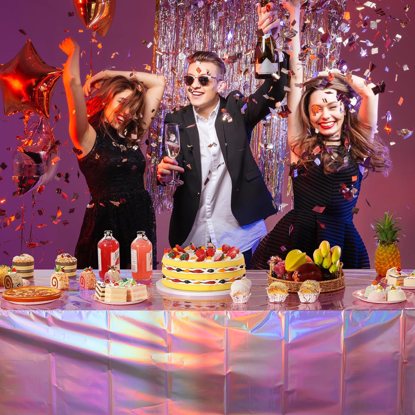 4 Pack Iridescent Pink Plastic Tablecloths, FunnyPars Shiny Disposable Laser Rectangle Table Covers, Holographic Foil Tablecloth Iridescent Party Decorations for Birthday Wedding Christmas, 54x108Inch