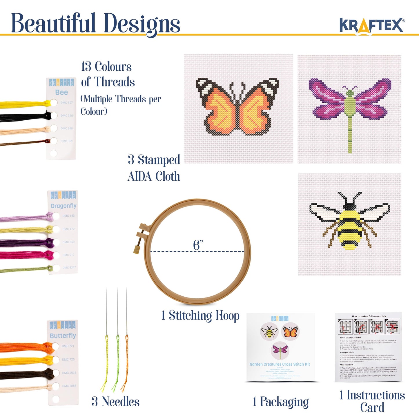 Floral Stamped Cross Stitch Kits for Beginners - 3 Pack. DIY Embroidery Needlepoint Patterns for Adults. Easy Cross Stitch Kits for Beginners (Garden Creatures)