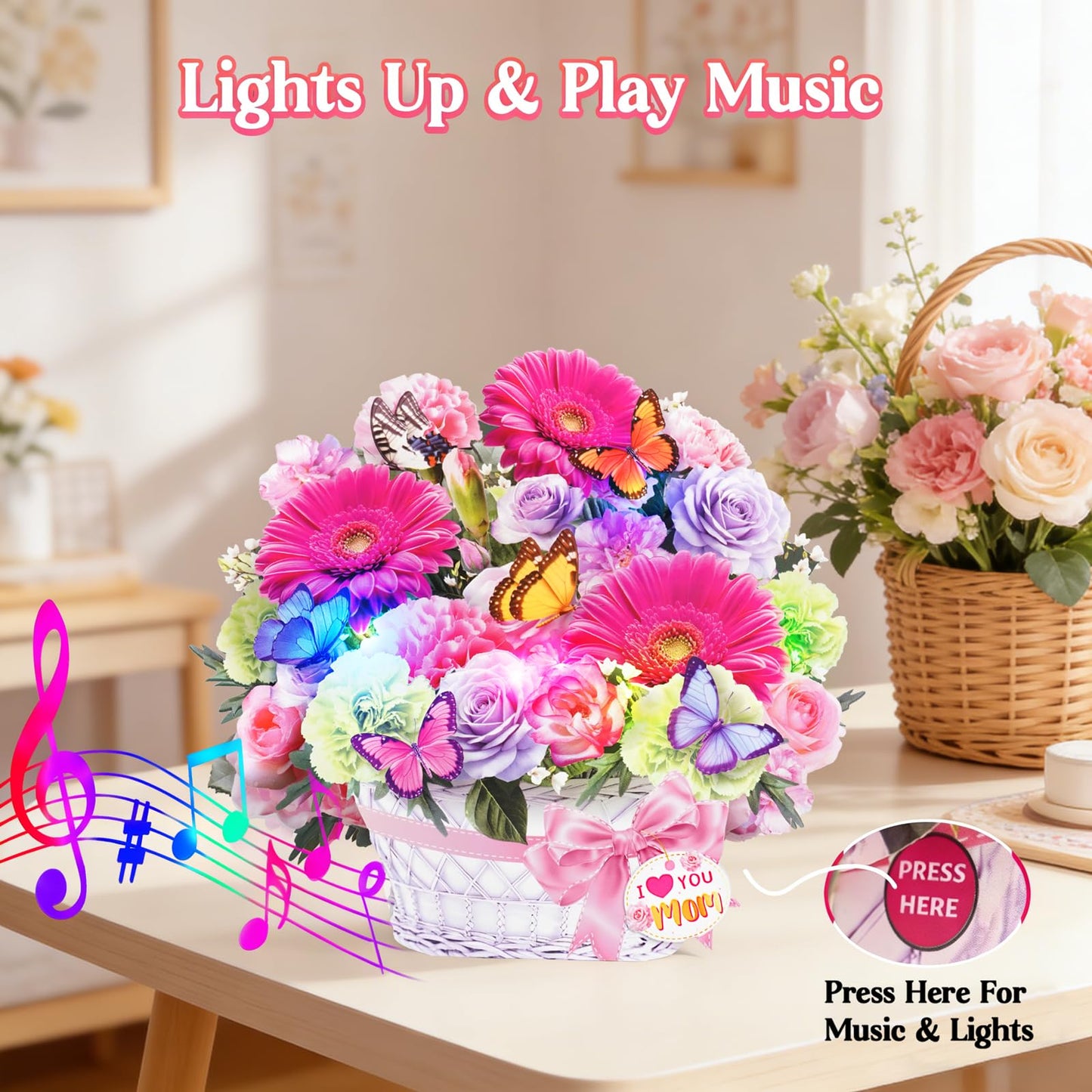 MZD8391 Mothers Day Card with Music & Lights, 3D Pop Up Mother's Day Cards, Gerbera Daisy & Butterfly, 10 Inch Forever Flower Bouquet Birthday Gift for Wife, Women, Mom