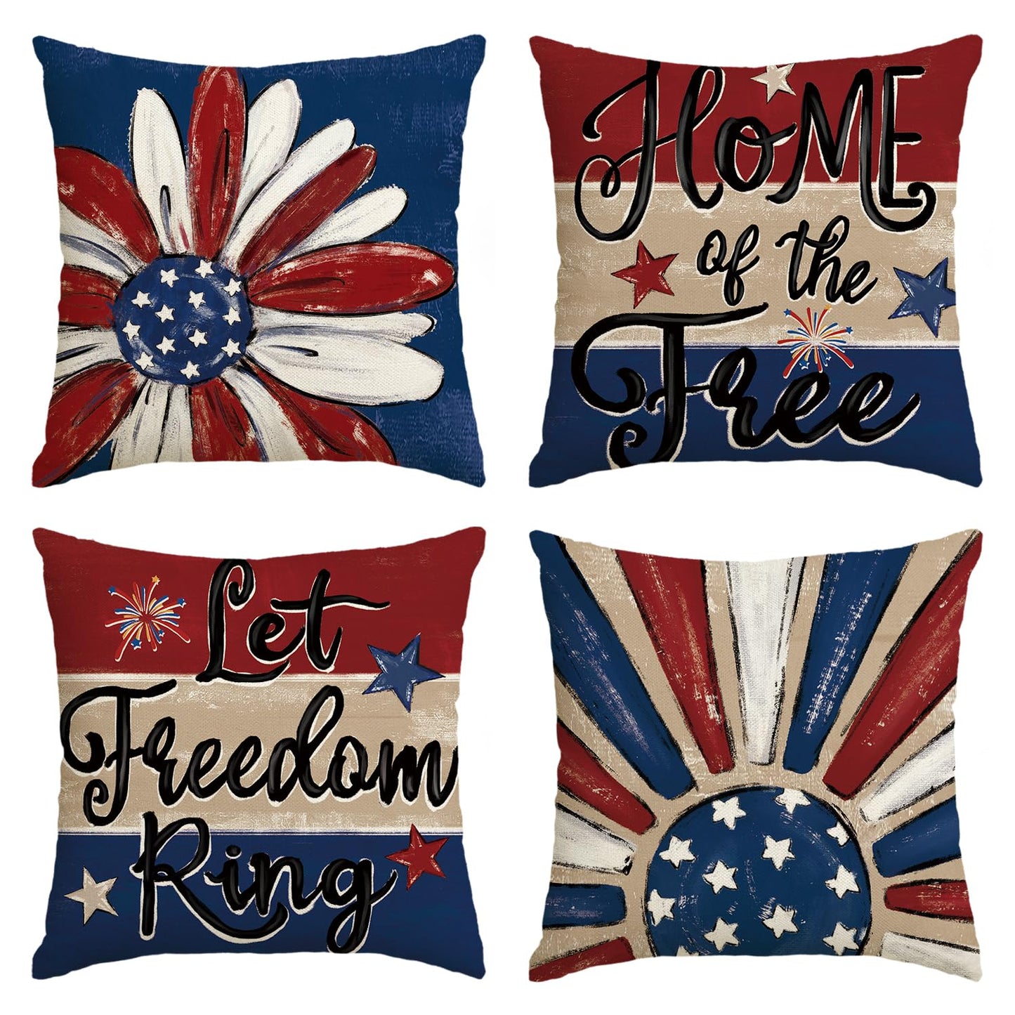 AVOIN colorlife Let Freedom Ring Stars Fireworks Red White Flower Throw Pillow Covers, 18 x 18 Inch 4th of July Patriotic Independence Memorial Day USA Flag Cushion Case for Sofa Couch Set of 4