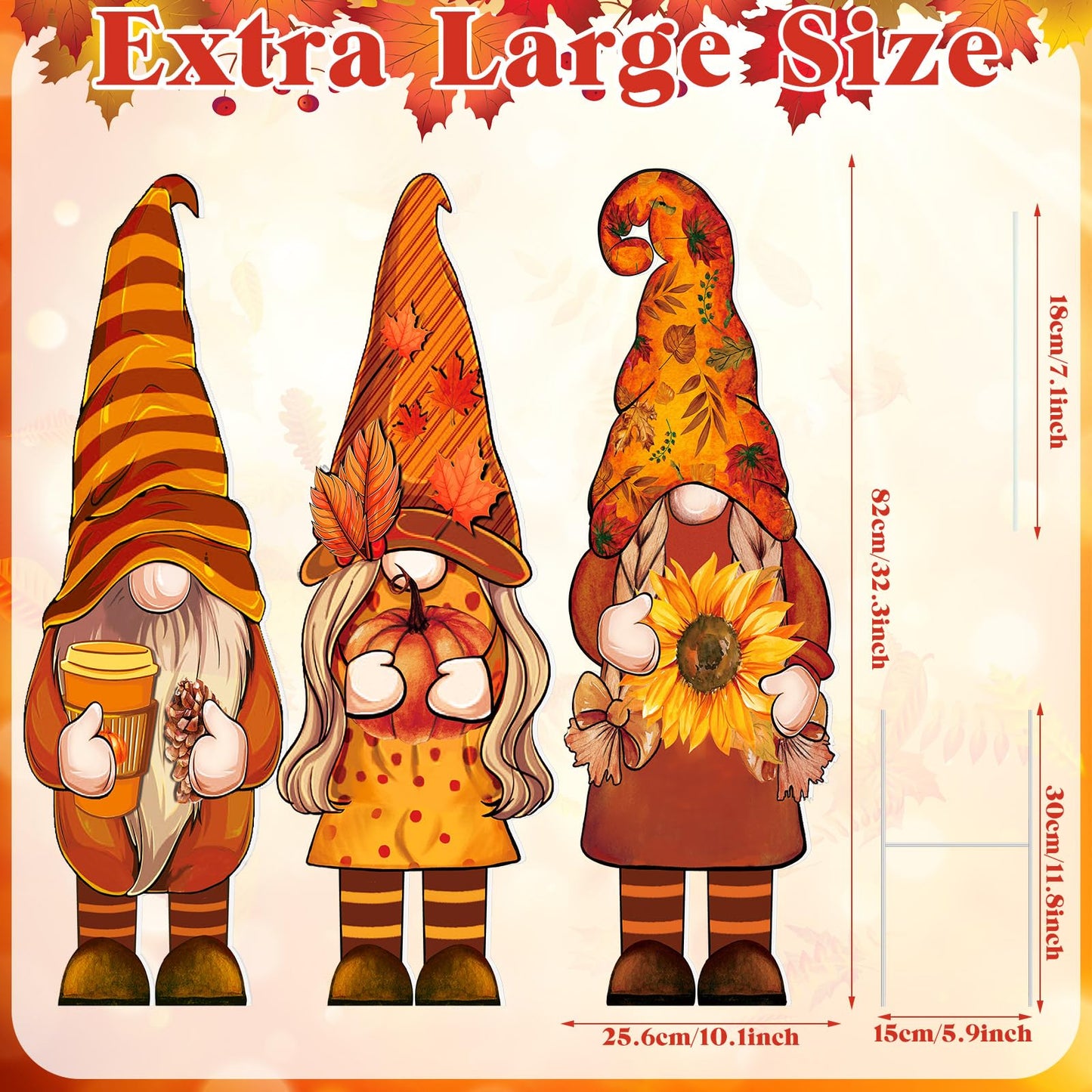3 Pcs Thanksgiving Yard Decor Cute Fall Gnome Yard Sign with Stakes 32 x 10 Inch Autumn Gnome Outdoor Lawn Decor, Outside Thanksgiving Garden Decoration for Home Pathway Walkway