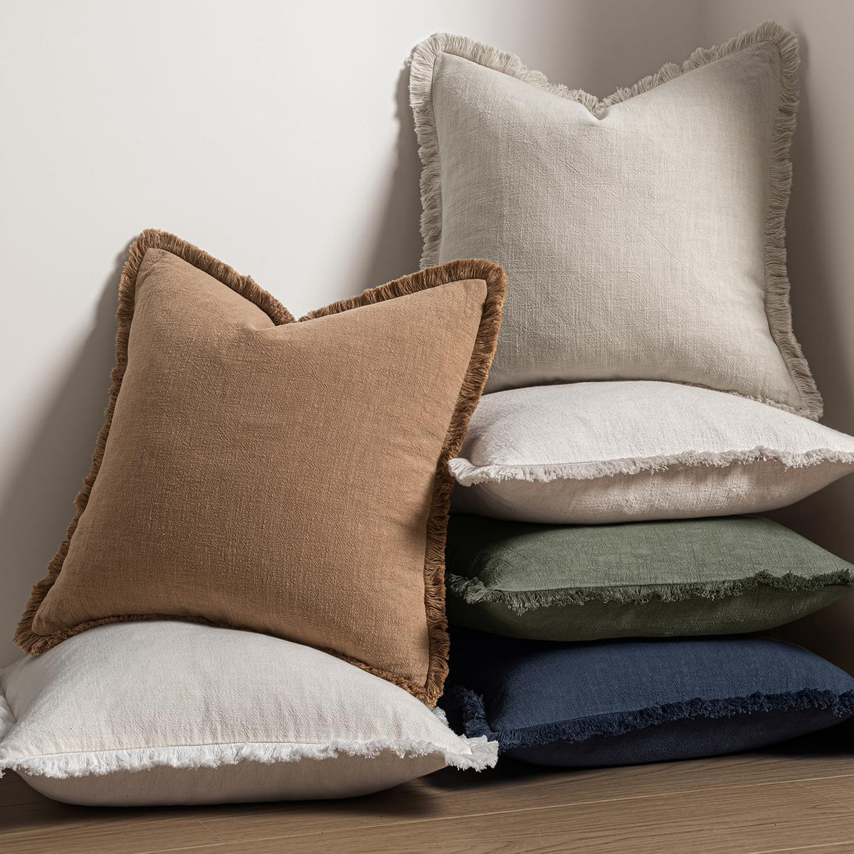 Linen Fringe Decorative Throw Pillow Covers Natural Beige 20x20