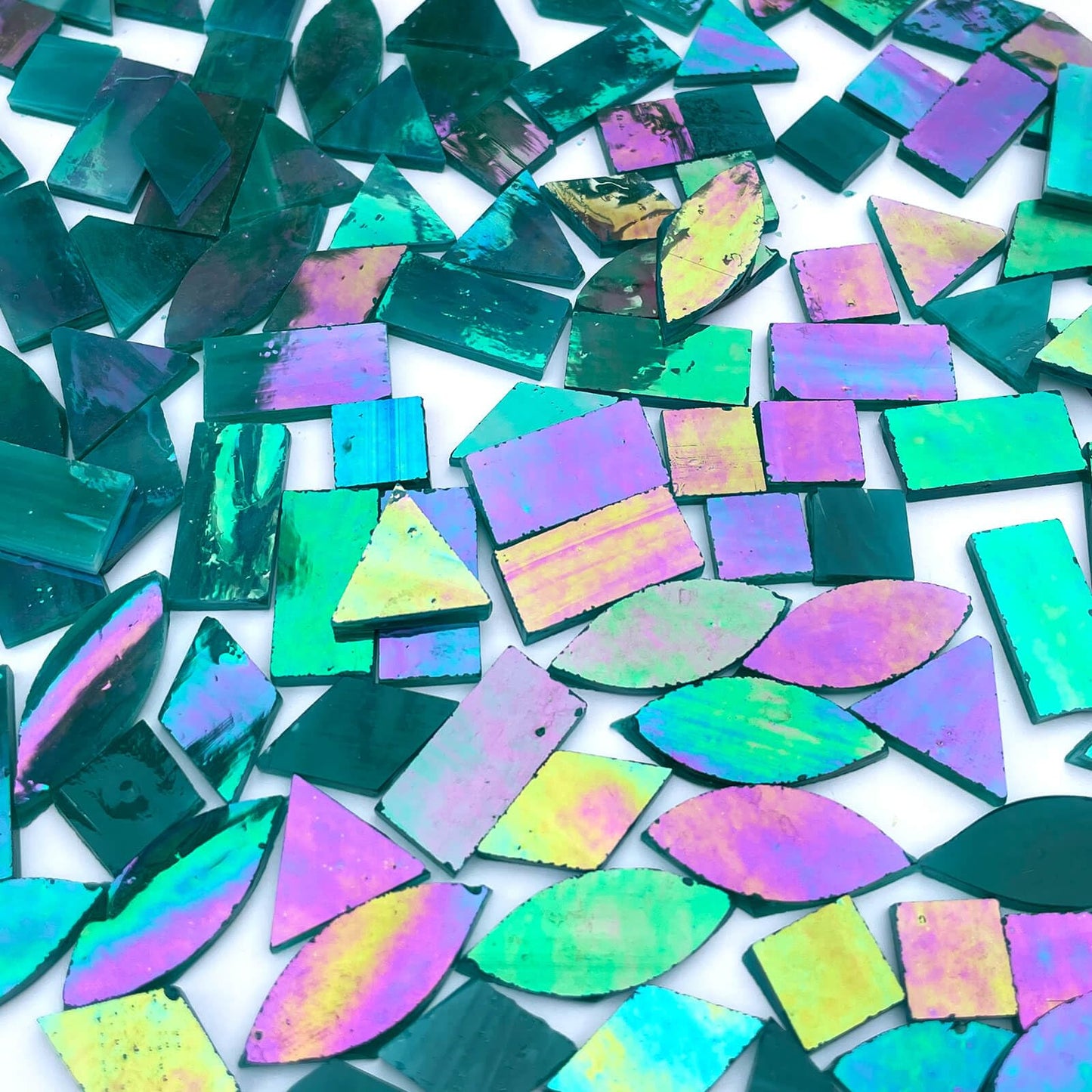 LITMIND Turquoise Iridescent Stained Glass Mosaic Tiles for Crafts - 240 Pieces, 5 Shapes Mixed (Rectangle, Triangle, Rhombus, Square, Leaf) - Ideal for Mosaic Making Projects and Beginners