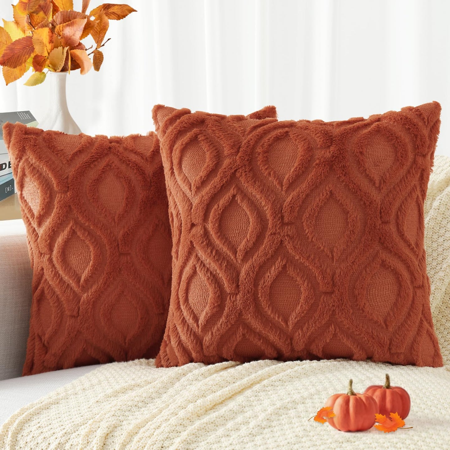 decorUhome Fall Decorative Throw Pillow Covers 18x18, Soft Plush Faux Wool Couch Pillow Covers for Home, Set of 2, Rust
