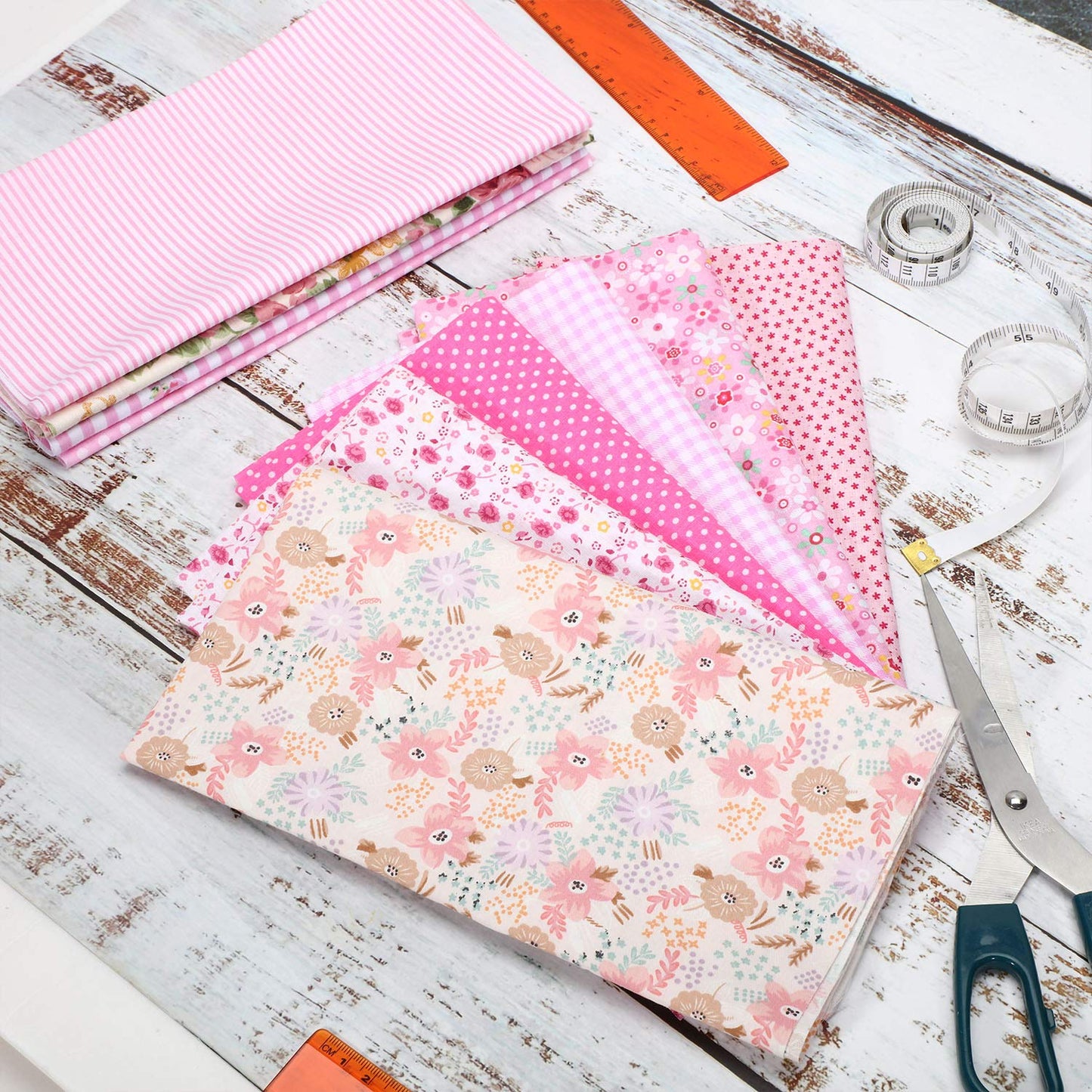 10 Pcs 20'' x 20'' Cotton Fabric Bundles, Pink Quilting Patchwork Pre-Cut Squares, Floral, Stripes, Gingham, Polka Dots Prints, Sewing Fabrics for DIY Handmade Crafting Home Party Decorations
