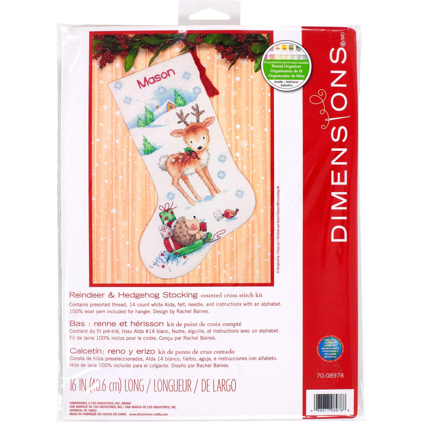 Cross Stitch 'Reindeer and Hedgehog' Personalized Christmas Stocking Kit, White Aida, 16'', 14 Count