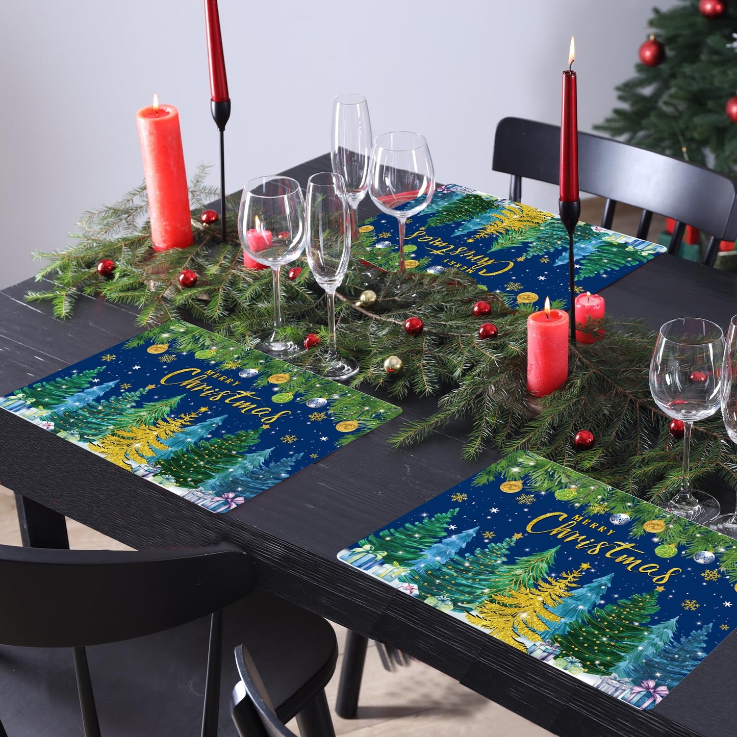 Christmas Pine Trees Placemats Set of 6 Plastic Table Mats Xmas Ball Ornaments Snowflakes Place Mats Holiday Pine Trees Winter Table Decoration for Indoor Outdoor Party Kitchen Dining