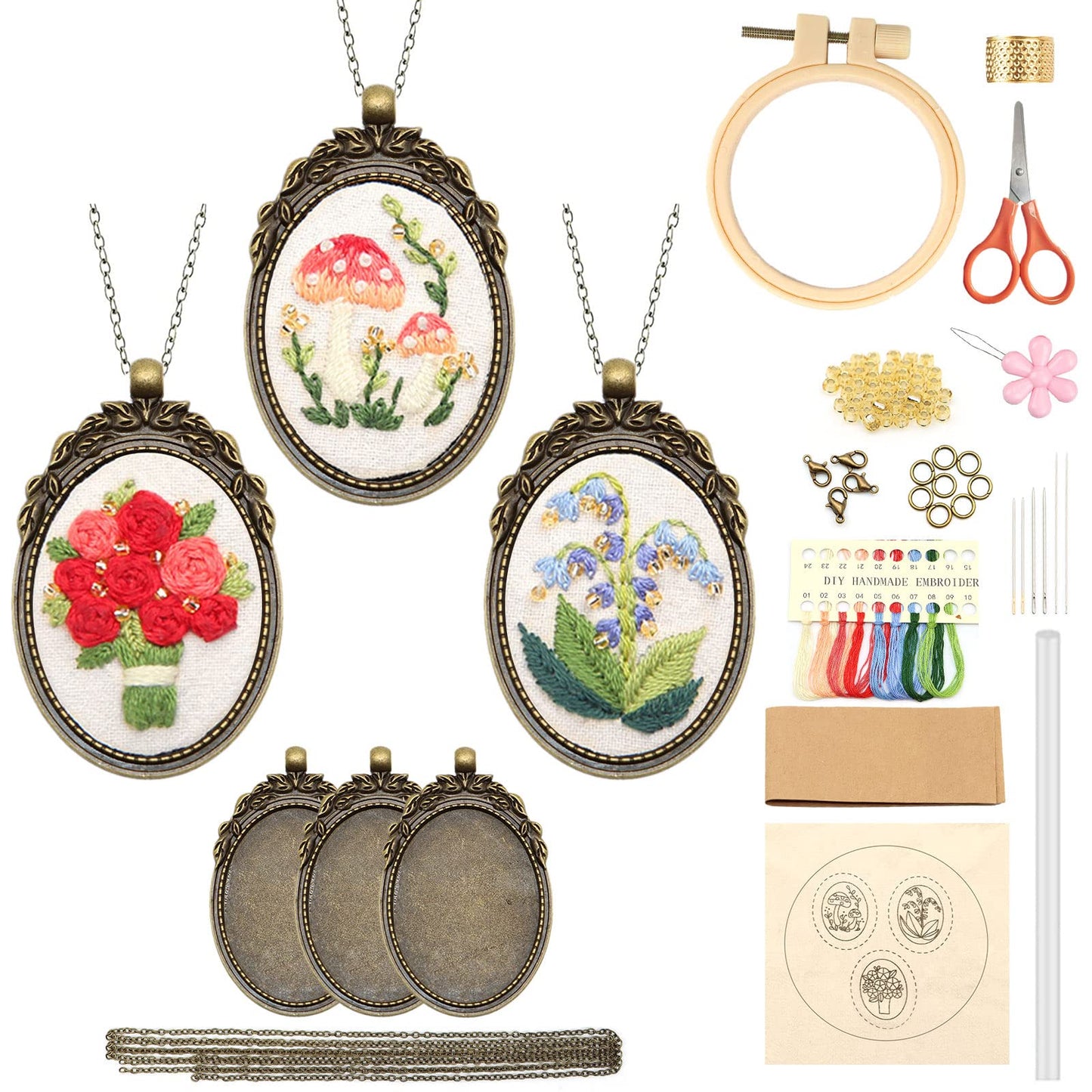 ZOCONE 3 Packs Embroidery Necklace Kit, Embroidery Pendant Kits Mini Cross Stitch Kit with Hoop, Necklace, Pendant, Beads, Stamped Pattern Cloth, Instructions, etc., Embroidery Kits for Adults