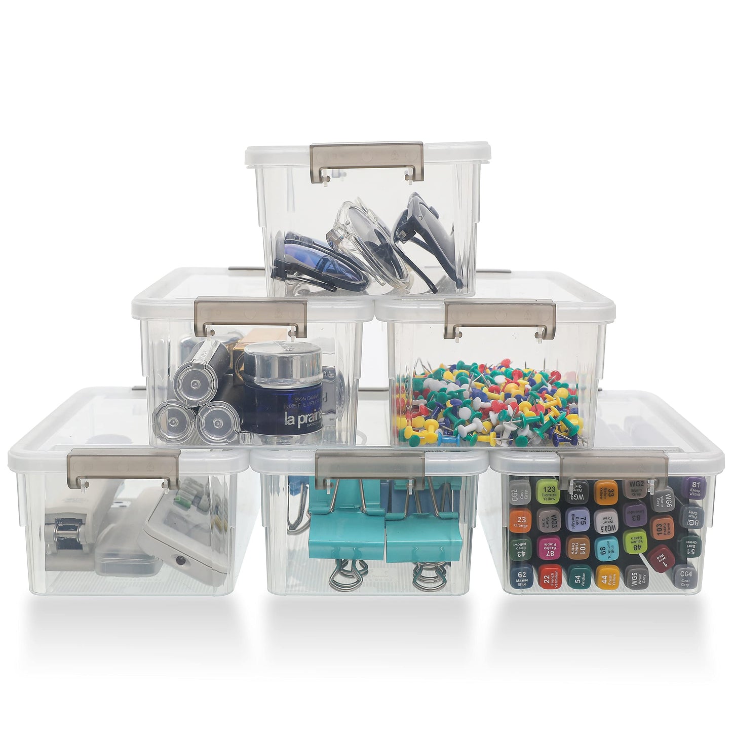 Citylife 1.3 QT 6 Pack Small Storage Bins Plastic Storage Container Stackable Box with Lids for Organizing, Clear White