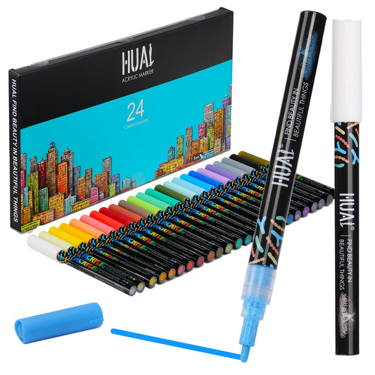 HUAL Acrylic Paint Markers Paint Pens 24 Colors, Premium Medium Tip Acrylic Paint Pens for Rock Painting, Stone, Glass, Wood, Fabric, Canvas, Metal, Easter DIY Crafts Making, Non-Toxic and No Odor