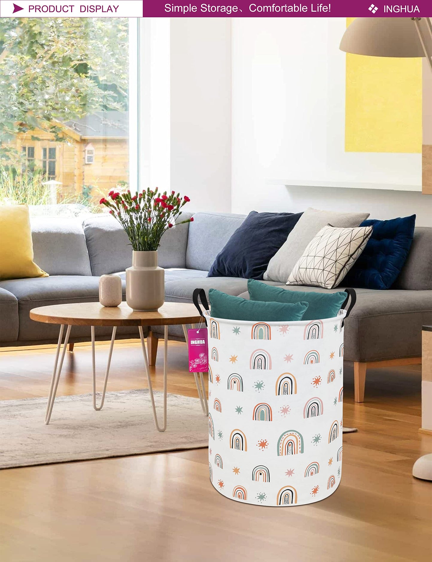 Laundry Hamper Large Canvas Fabric Lightweight Storage Basket/Toy Organizer/Dirty Clothes Collapsible Waterproof for College Dorms, Boys and Girls Bedroom,Bathroom(Star Rainbow)