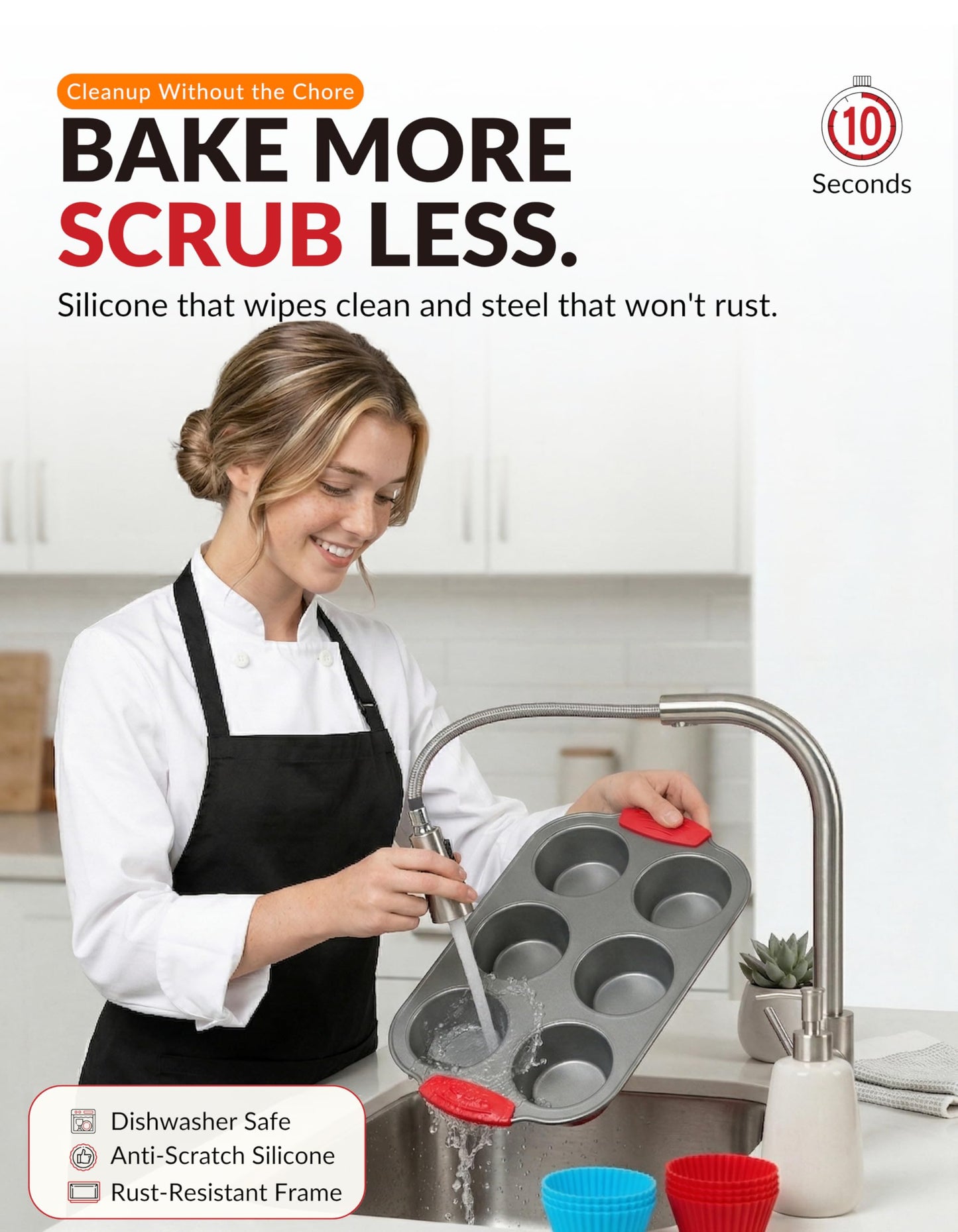 Boxiki Kitchen Non-Stick Steel 6 Cup Muffin Pan with Silicone Handles and Reusable Liners - Perfect for Baking Large Muffins and Cupcakes