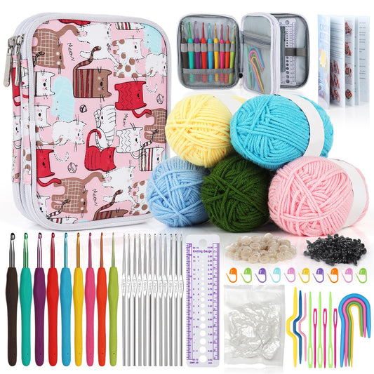 Beginner Yarn for Crocheting and Knitting-Crochet Kit for Beginners Adults Kids Professionals-Crocheting Animals Kits-Includes 382 Yards Cotton Yarn Balls, Hooks, Accessories, Tutorials