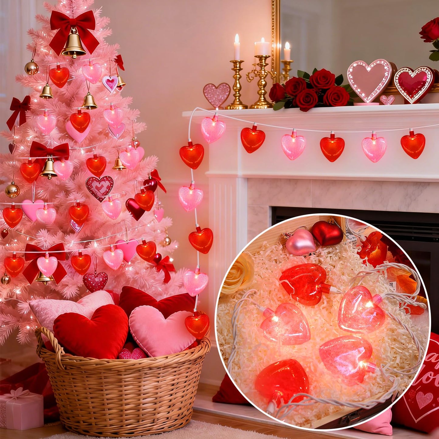 LED Valentines Day Lights - 8.5Ft Led Red and Pink Heart String Lights with Sequins, Plug in Valentine Day Heart Lights Outdoor Waterproof for Valentines Day Decorations for the Home & Party, 0.48W