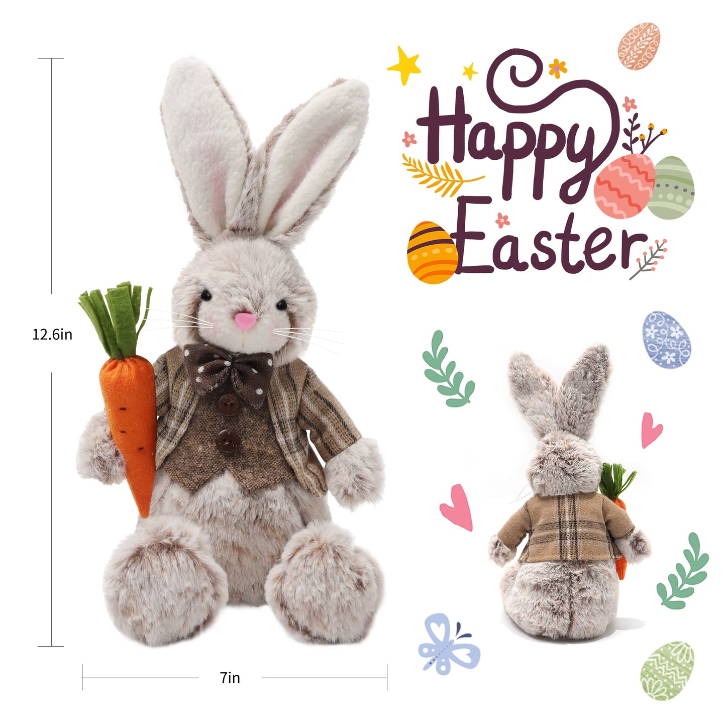 2 Pack Easter Bunny, 12.6" Handmade Huggable Rabbits Couple, Easter Basket Rabbits, Cute Bunny Party Favor Figurine, Spring Tabletop Holiday Room Decorations