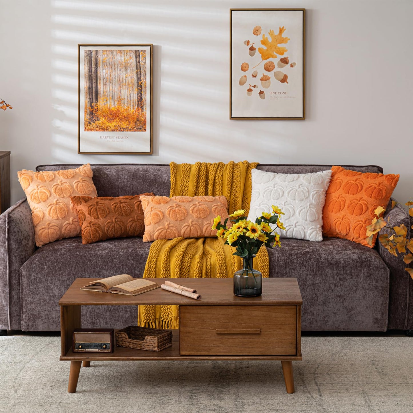 COSIBONO Pumpkin Fall Decorative Throw Pillow Covers 18"x18", Set of 2 Cream White Soft Faux Fur Pillow Covers for Autumn Harvest, Fluffy Plush Accent Pillow Cases for Farmhouse Couch Cushion Covers