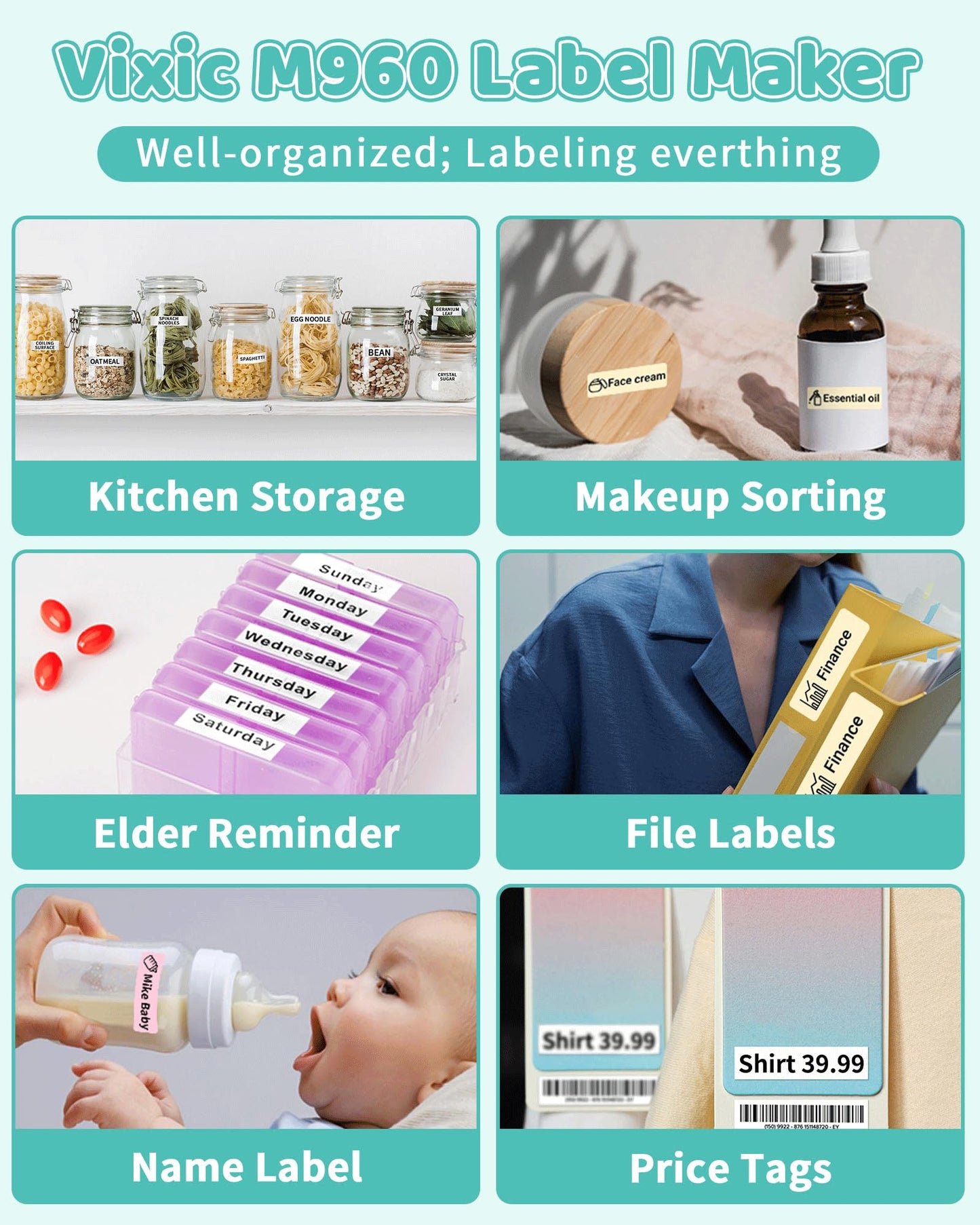 Vixic Bluetooth Label Maker - Rechargeable Mini Labeler Machine with Tape, M960 Label Sticker Portable Printer, Multiple Icon Fonts for Kids School Home Business Office Organization