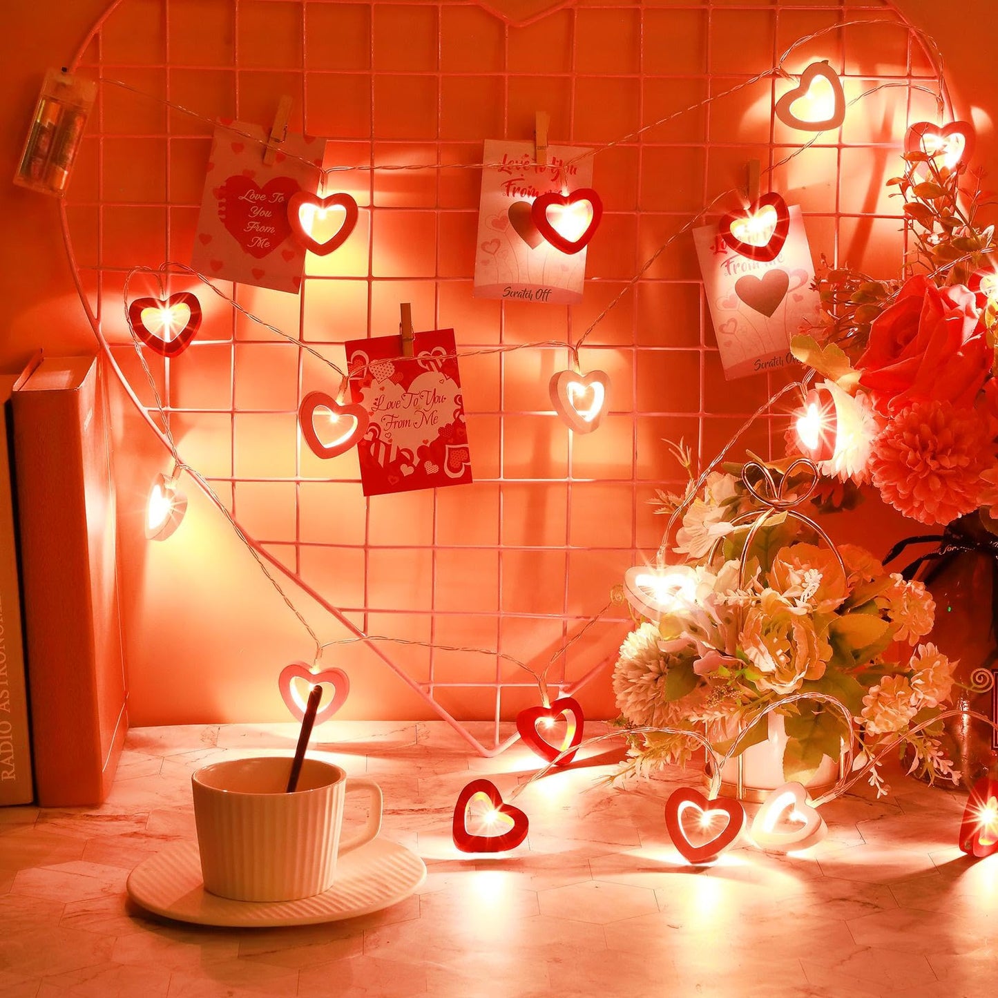 Valentine's Day Wooden Heart String Lights LED Fairy Hanging Love Lights Lamp Battery Operated Valentine's Day Decoration for Bedroom Festival Birthday Wedding(Red White Pink,20 Lights)