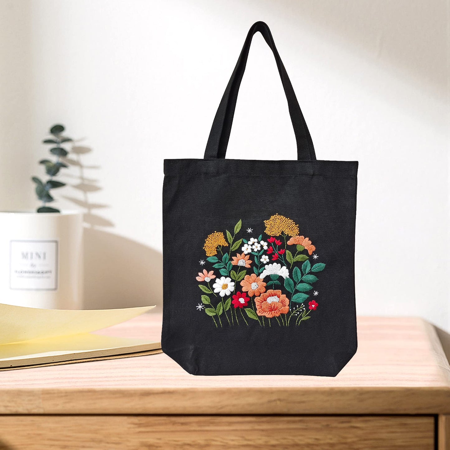 Canvas Tote Bag Embroidery Kit with Pattern for Beginners, Arts and DIY Crafts Kits for Adults, Include Instructions Embroidery Bag, Embroidery Hoops, Color Threads and Tool (Black)