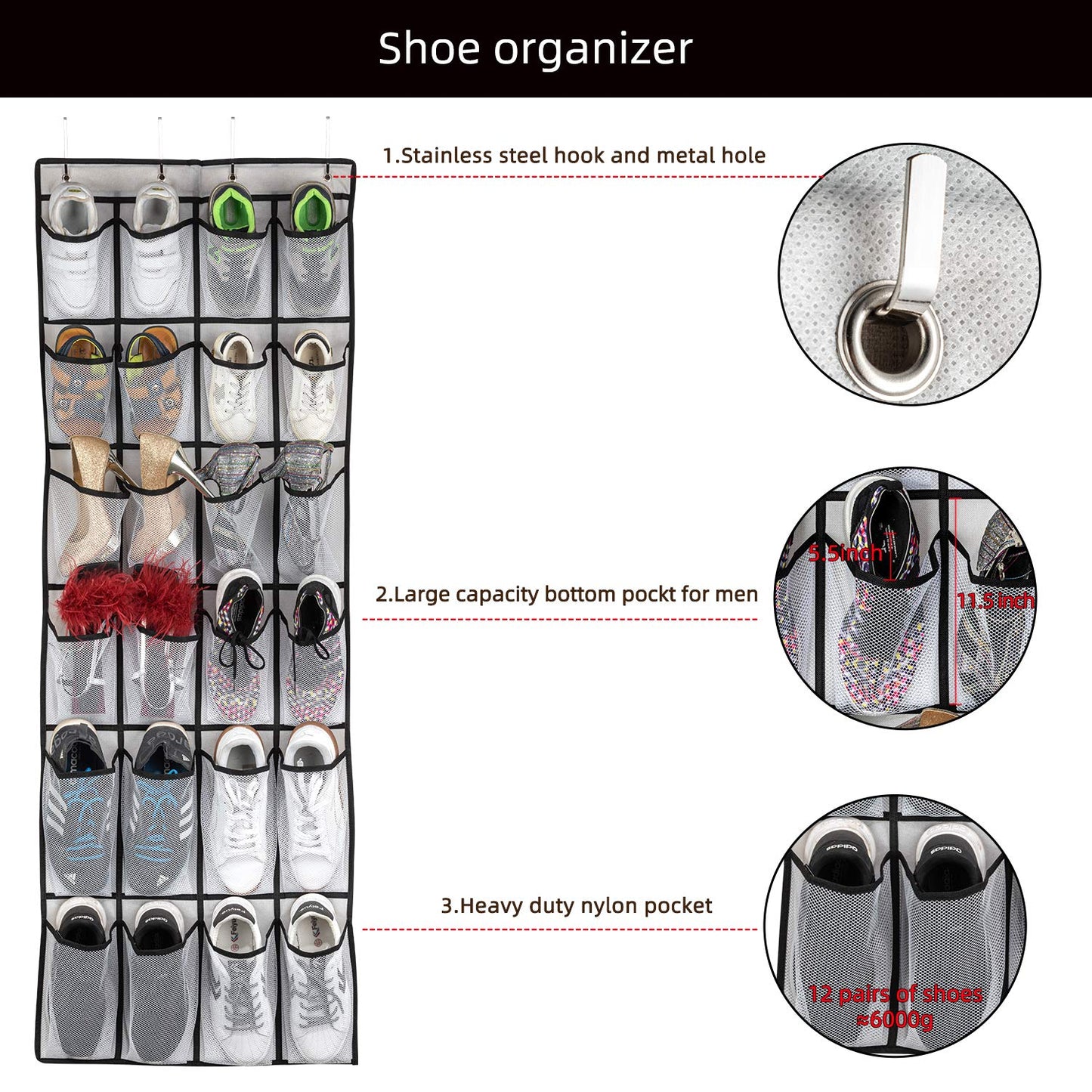 SAVERHO Over the Door Shoe Organizer, Hanging Shoe Organizer with 24 Mesh Large Pockets Door Shoe Rack Organizer for Men Women Kids Hanging Shoe Storage Bag.(White