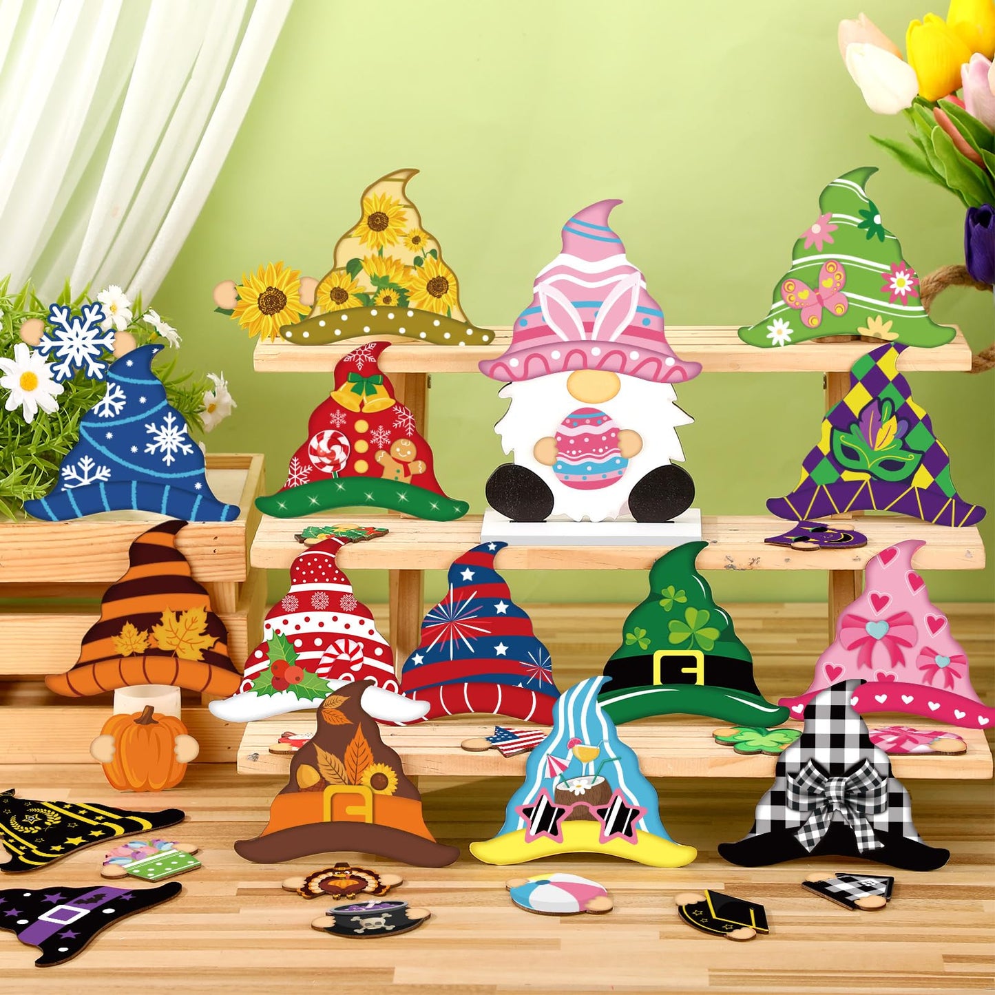 34 Pcs Christmas Interchangeable Wooden Gnome Decor DIY Holiday Christmas Seasonal Tiered Tray Decoration Gnomes with Magnet Pieces Welcome Sign for Xmas Holiday Decorations (Stylish)