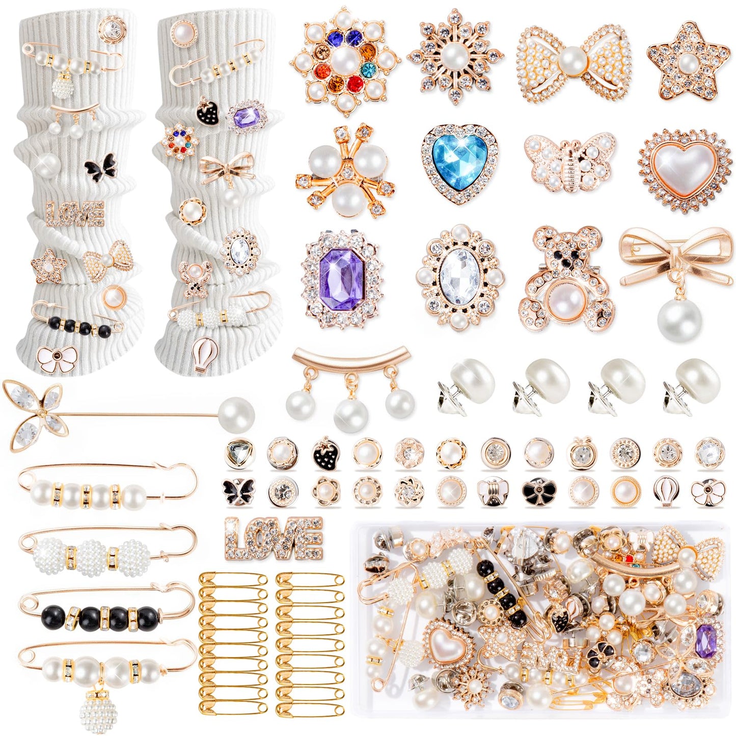 65Pcs Charms for Socks Safety Pin Brooch junk socks charms Brooches and Pins for Women Junk Socks Charms Pins Safety Pin Charms for Socks Pearl Rhinestone Brooch Pins Buttons Shoe Sock Charms Kit