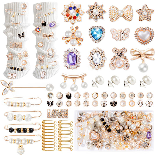 65Pcs Charms for Socks Safety Pin Brooch junk socks charms Brooches and Pins for Women Junk Socks Charms Pins Safety Pin Charms for Socks Pearl Rhinestone Brooch Pins Buttons Shoe Sock Charms Kit