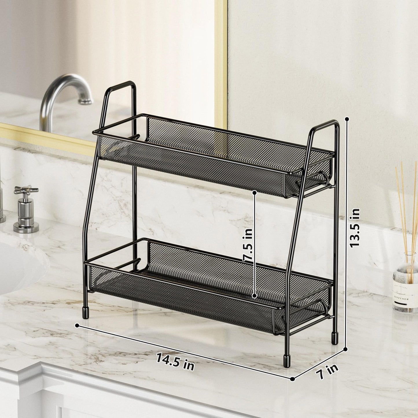 EKNITEY Spice Rack Organizer for Countertop, 2 Tier Bathroom Shelf, Desktop Makeup Organizer, Small Storage Rack for Kitchen, Bath Room, Bedroom and Office (Black)
