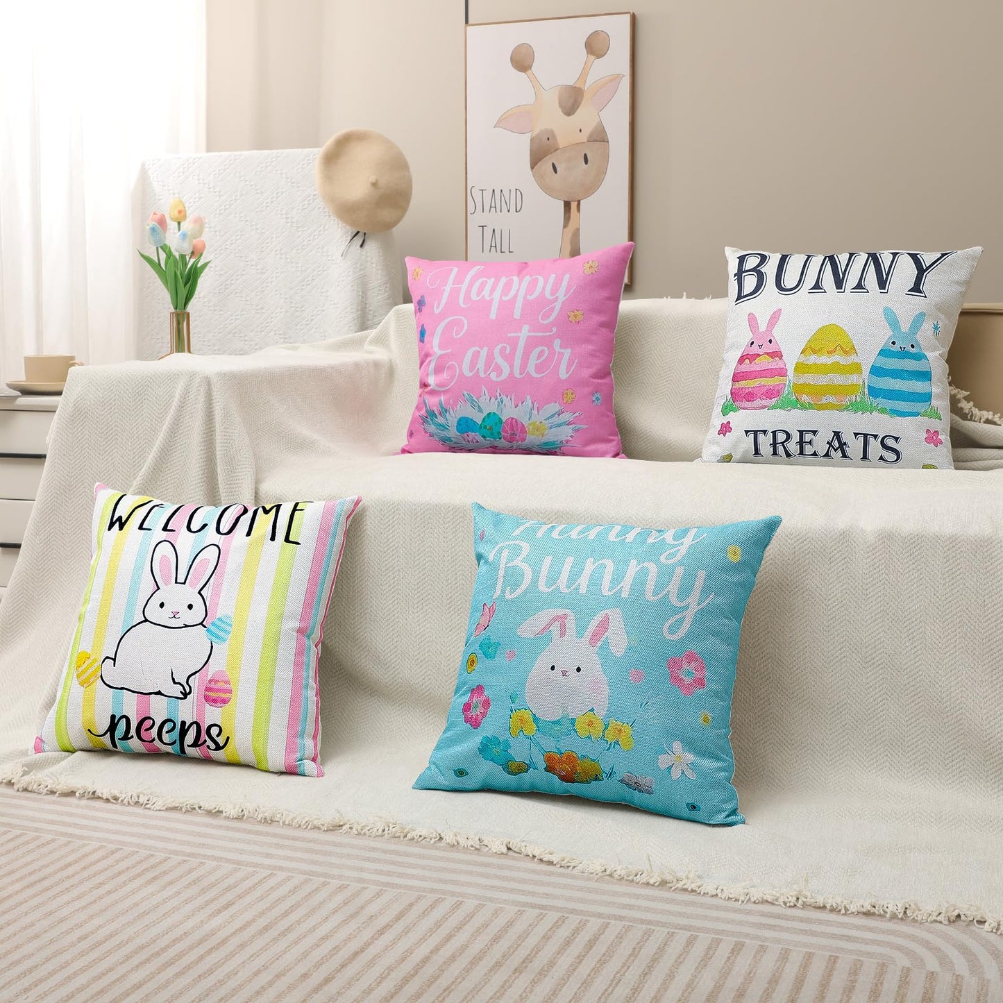Easter Pillow Covers 18 x 18 Inch,Easter Decorations for Home,Set of 4 Happy Easter Hunny Bunny Pink Blue Decorative Throw Pillow Covers Spring Farmhouse Decor