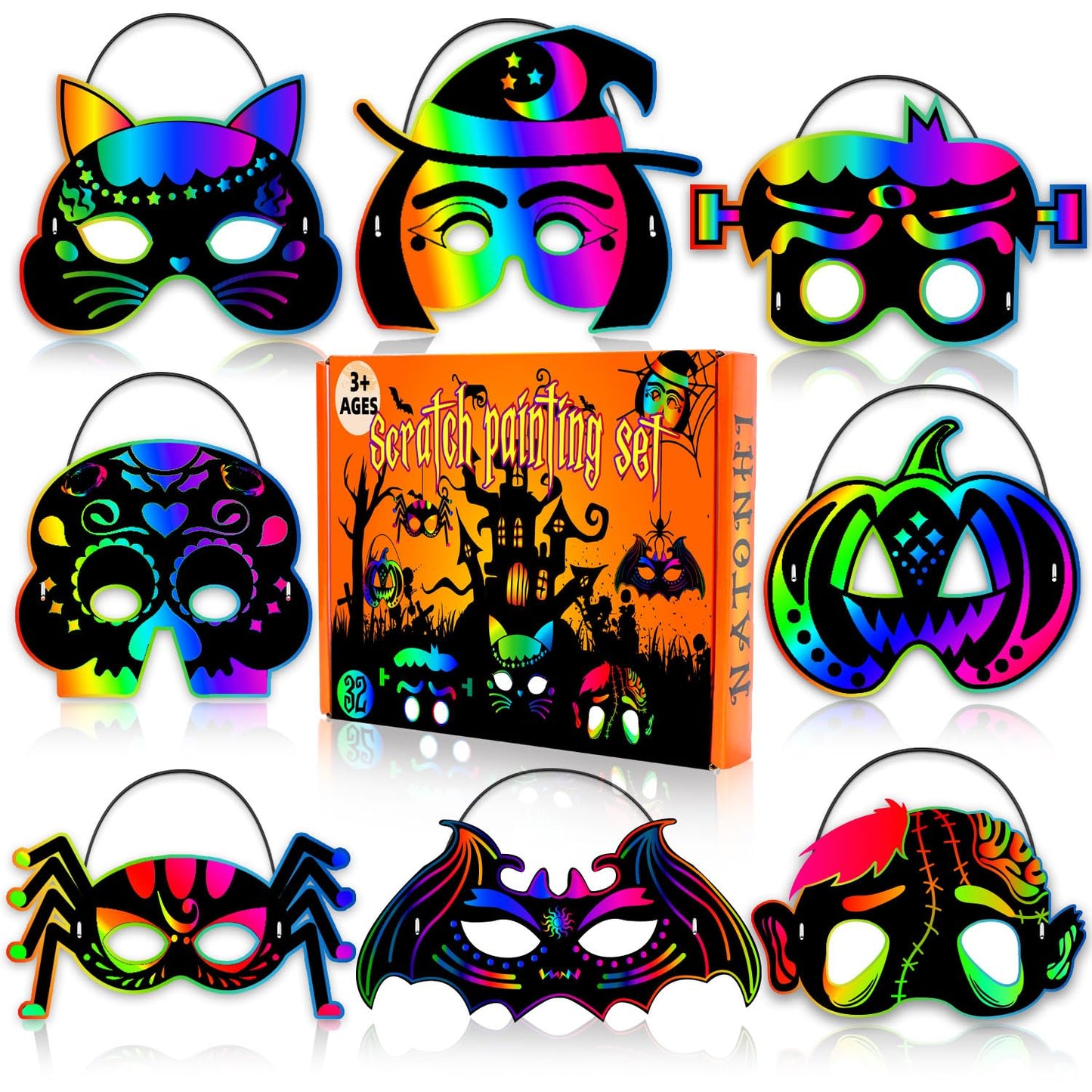 Natonhi 32Pcs Halloween Crafts for Kids Rainbow Scratch Mask, Halloween Games Scratch Art and Craft Kit Classroom Activities Favors Party Supplies