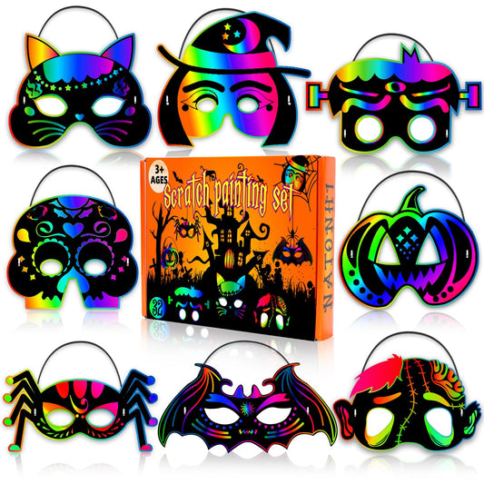 Natonhi 32Pcs Halloween Crafts for Kids Rainbow Scratch Mask, Halloween Games Scratch Art and Craft Kit Classroom Activities Favors Party Supplies