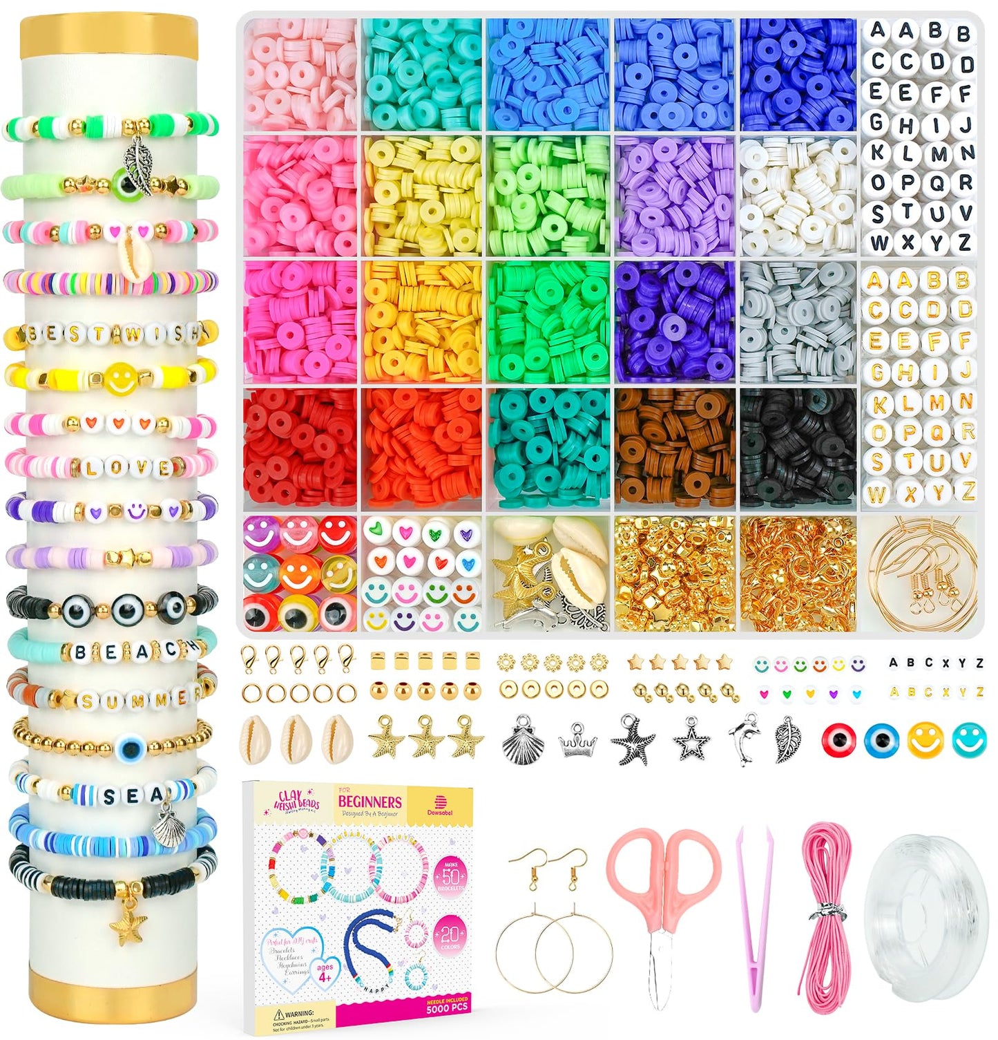 Dowsabel Clay Beads Bracelet Making Kit for Beginner, 5000Pcs Heishi Flat Preppy Polymer Clay Beads with Charms Kit for Jewelry Making, DIY Arts and Crafts Gifts Toys for Kids Age 6-12