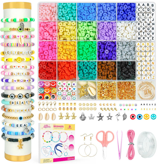 Dowsabel Clay Beads Bracelet Making Kit for Beginner, 5000Pcs Heishi Flat Preppy Polymer Clay Beads with Charms Kit for Jewelry Making, DIY Arts and Crafts Gifts Toys for Kids Age 6-12