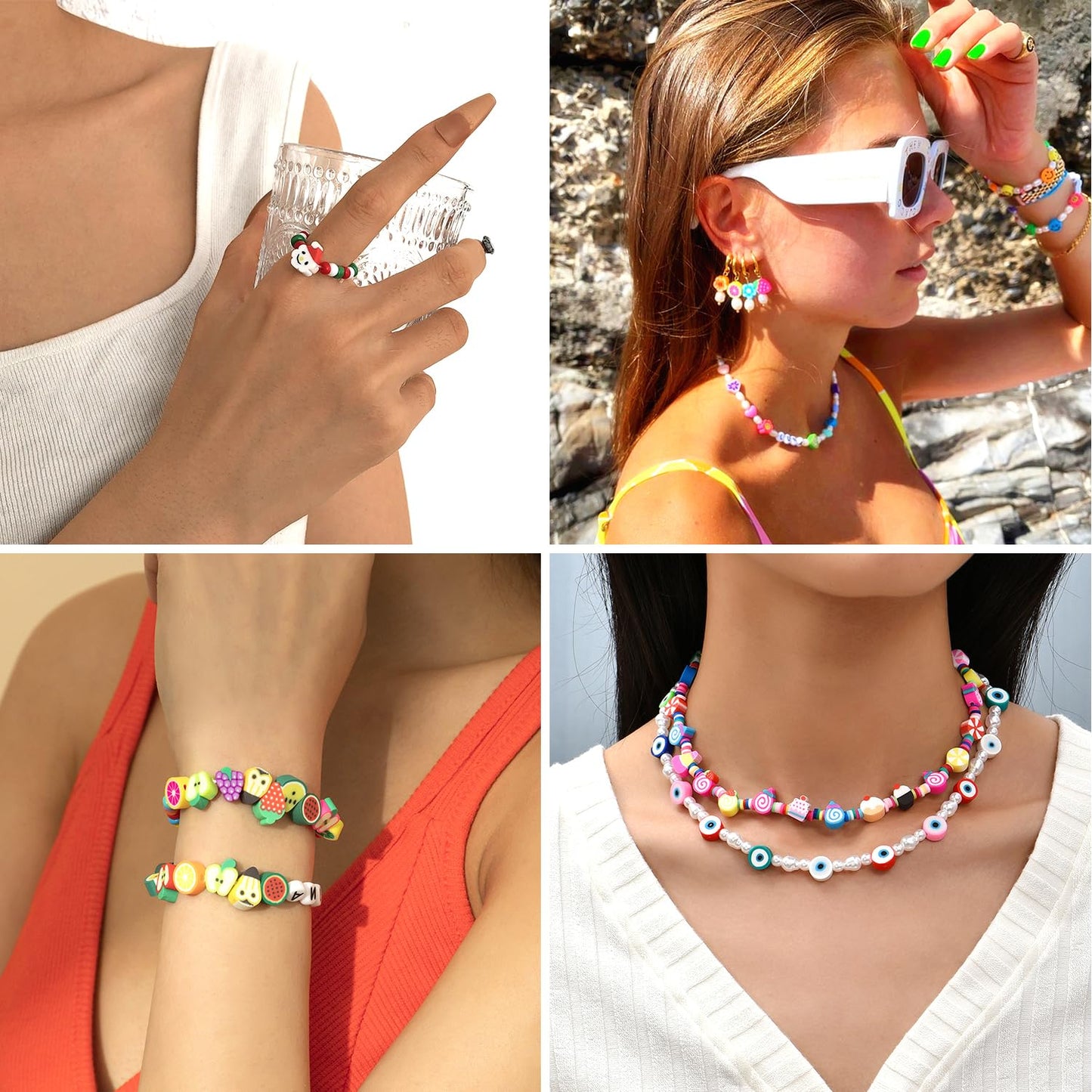 DULEFUN 1060pcs Polymer Clay Beads Charms Kits 28 Styles Cute Fun Clay Beads Charms Flower Butterfly Heart Letter Pony Beads Charms for Women Girls Bracelet Necklace Earring Making