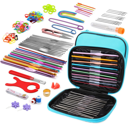 IMZAY 110 Pcs Crochet Hooks Set, Crochet Kit Crochet Hooks Kit with Storage Case, Ergonomic Knitting Needles Blunt Needles Stitch Marker DIY Hand Knitting Craft Art Tools for Beginners-Blue