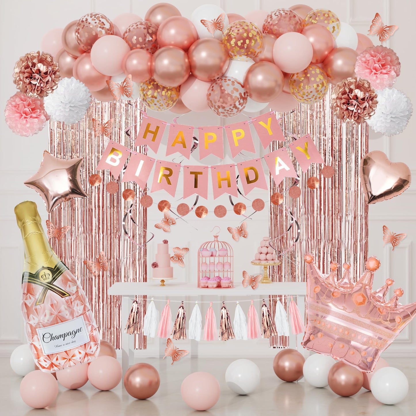 Rose Gold Birthday Party Decorations Kit for Women Girls, Foil Confetti Rose Gold Balloon Pink Happy Birthday Banner Fringe Curtains Butterfly Decor Circle Dots Tassels Pompoms Party Supplies