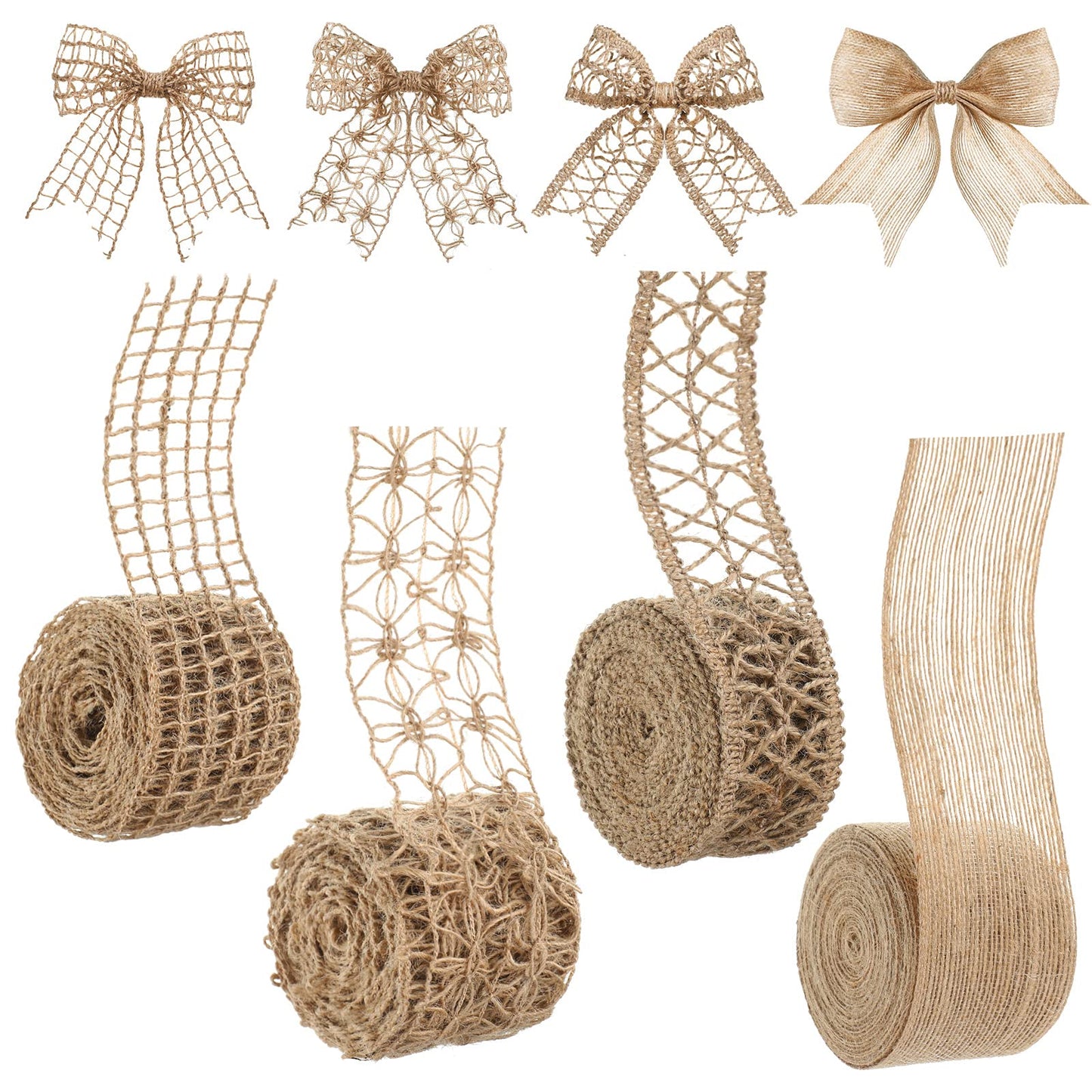 4 Rolls Burlap Ribbon Natural Jute Burlap Lace Mesh Weeding Trim Craft Wrapping Ribbon for Holiday Party DIY Handmade Artist Home Decor Packaging