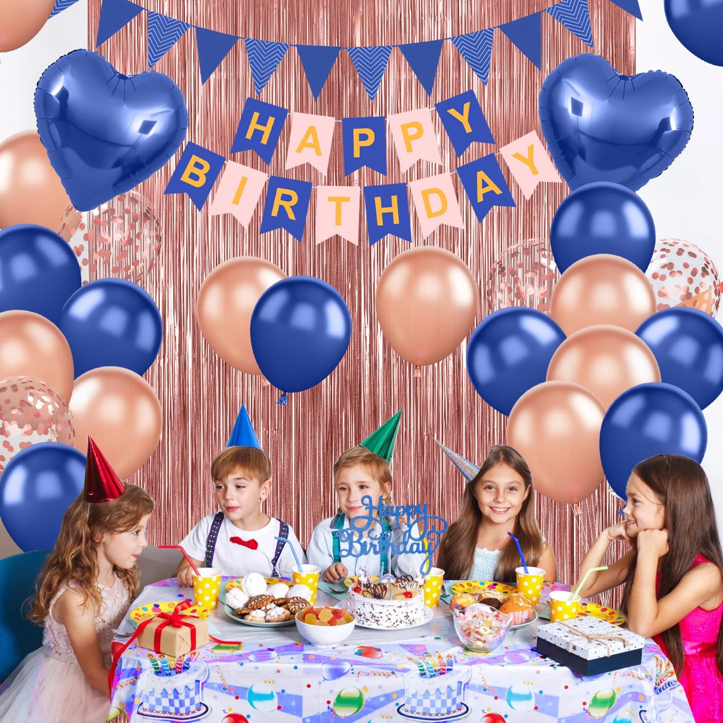 Navy Blue Rose Gold Birthday Decorations,Happy Birthday Banner Fringe Curtain Heart Foil Balloons for Women Girl Boys Men