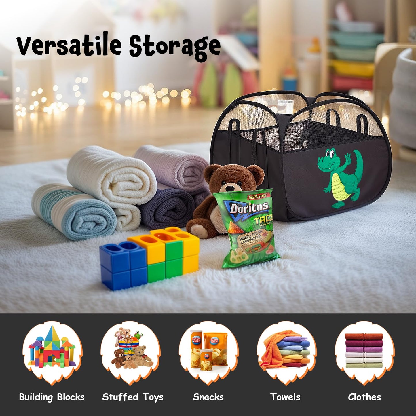 YOHOOLYO 95L Toy Storage Basket Box Chest for Boys Baby Toddler Kids, Collapsible Pop Up Large Mesh Toy Organizer Bin with Handles for Living Room Area, Playroom, Closet (Dinosaur&Lion)