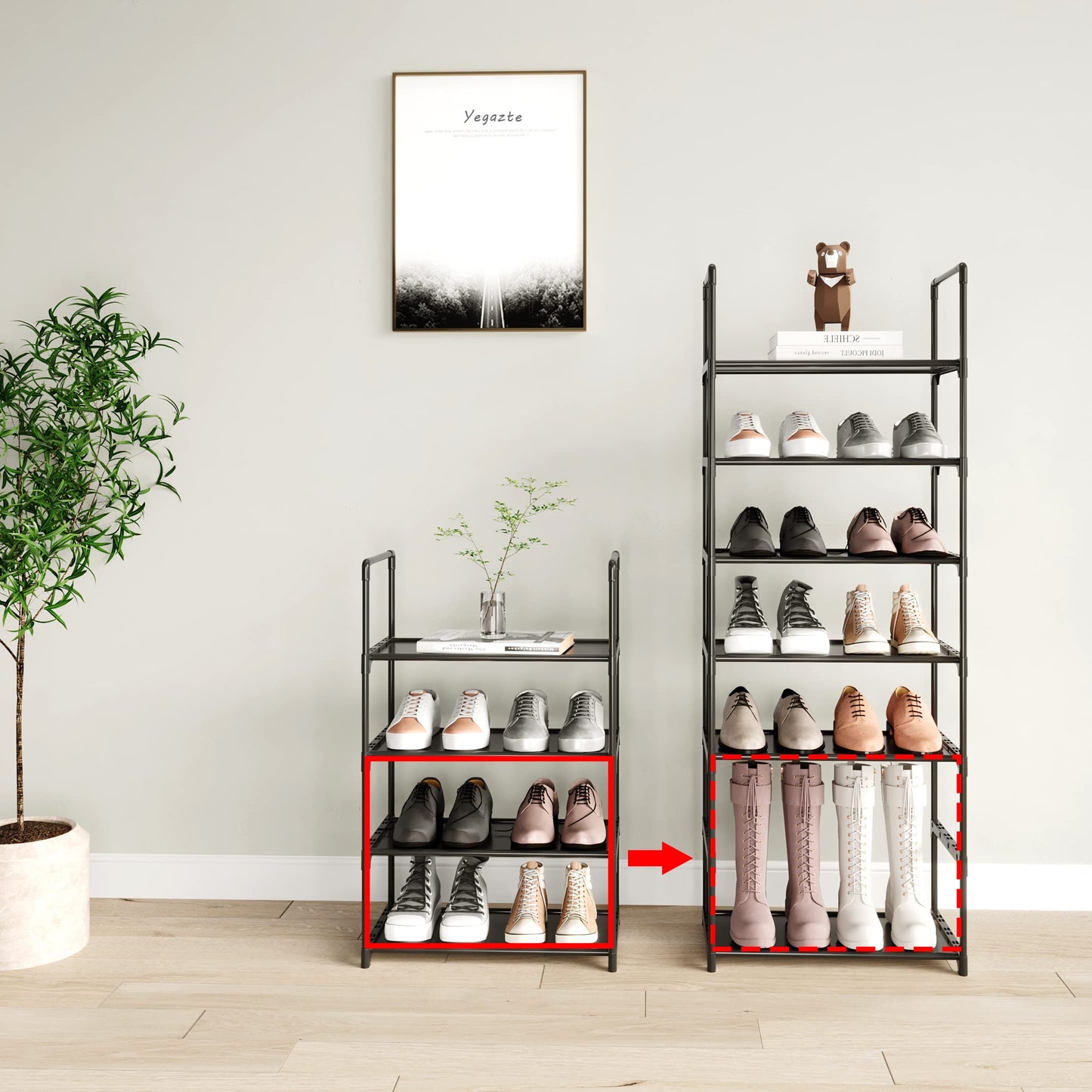 Upgrade Stackable Small Shoe Rack, 4-Tier Shoe Shelf Storage Organizer with Handle for Entryway, Hallway and Closet (Black)