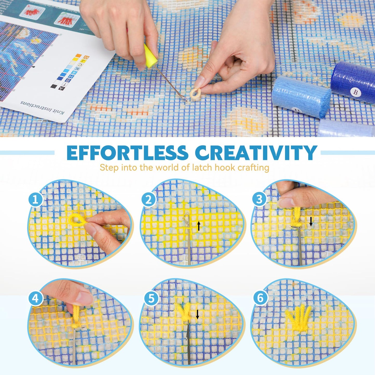 Latch Hook Rug Kit DIY Crochet Carpet for Beginners, Starry Sky Patterns Pre-Printed Canvas Yarn Rug Hooking Kits, Creative Craft Home Decor Ideal for Learning Rug Making