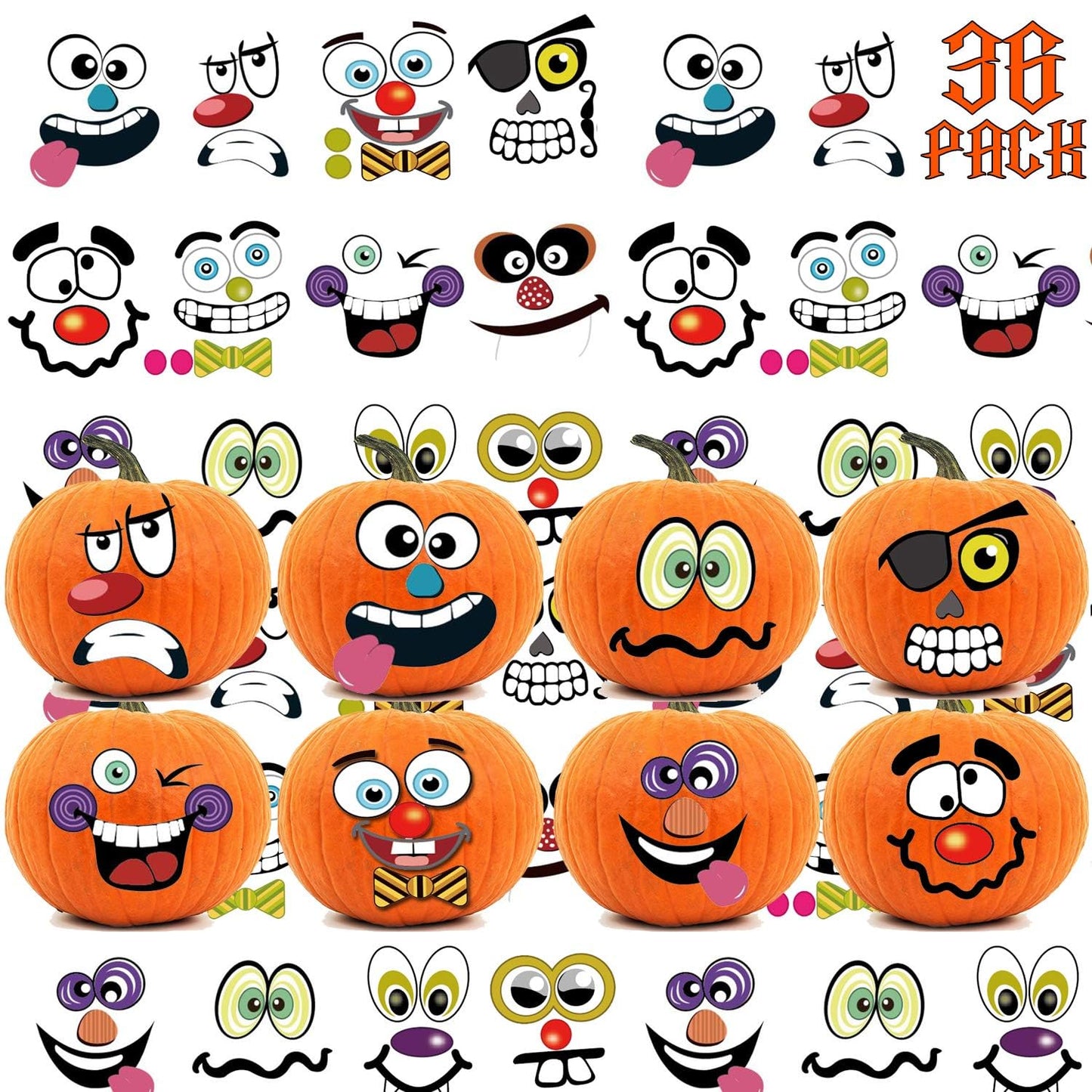 36 Packs Halloween Pumpkin Decorating Stickers, 18 Sheet Pumpkin Face Stickers in 12 Designs for Halloween Party Supplies Trick or Treat Party Favors