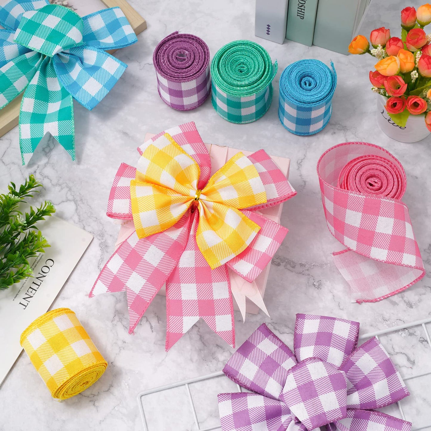 Colored Wired Edge Ribbon 30 Yards Spring Pastel Gingham Patterned Ribbon Colorful Buffalo Plaids Craft Fabric Ribbon for Gift Wreath Bow Making DIY Crafts Wrapping Supplies, 5 Rolls