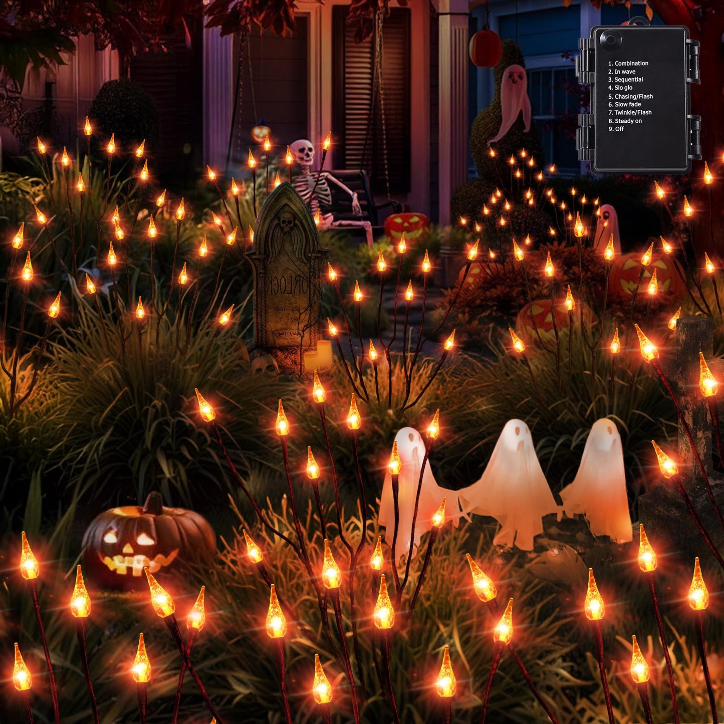 Brizled Halloween Pathway Lights, 7.54ft 3 Pack Candle Flame Orange Lights Outdoor with Timer, Battery Powered Halloween Light Waterproof Spooky Path Light for Path Yard Walkway Garden Thanksgiving