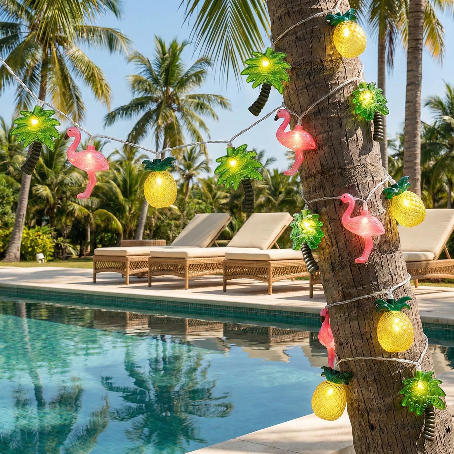 Hawaiian Party Decorations Lights - 8.5Ft LED Flamingo Pineapple Palm Tree Lights Tropical String Lights Tiki Lights Outdoor for Summer Hawaiian Themed Pool Beach Party Bar Home Room Tropical Decor