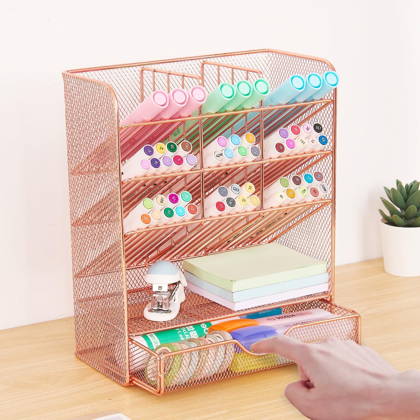 Spacrea Pen Holder Desk Organizer - Desk Organizers and Accessories, Pencil Holder with 10 Compartments and 1 Drawer（Rose Gold）
