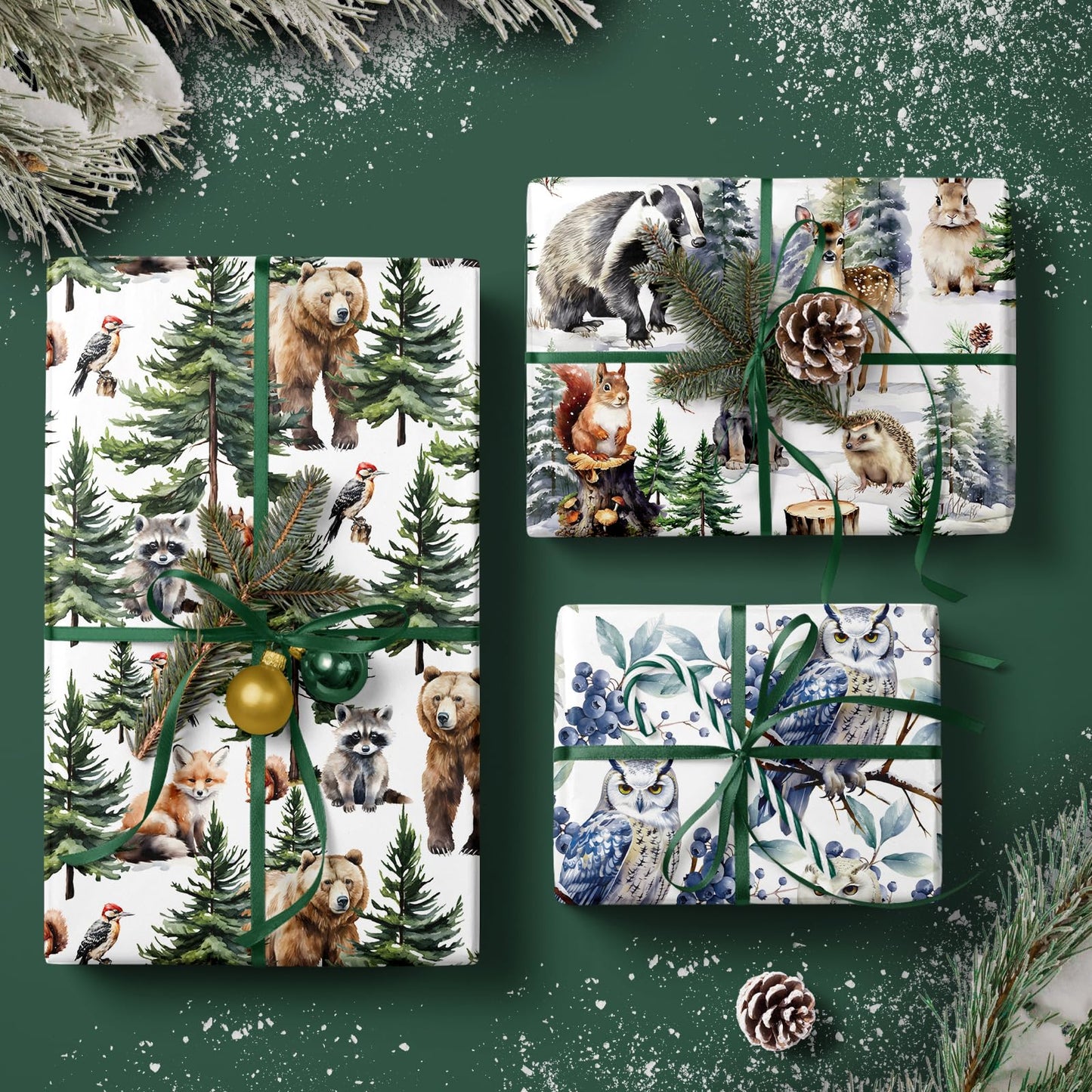 Kraft Christmas Wrapping Paper Roll - Mini Roll - 3 Rolls - 17 Inch x 120 Inch Per Roll - White Wild Animals Winterfall Watercolor Holiday Collection