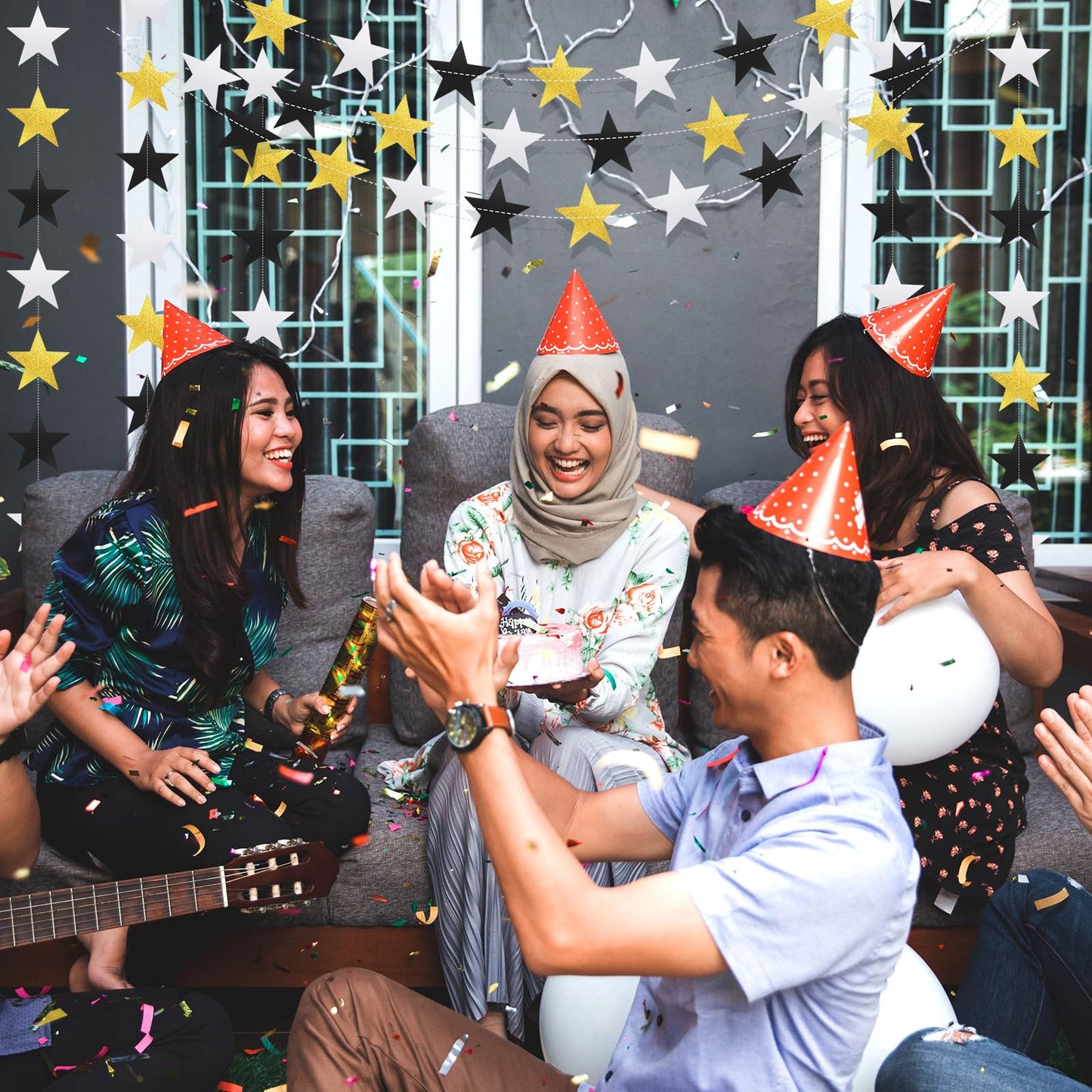 Patelai Glitter Star Garland Banner Decor, 130 Feet Bright Star Hanging Bunting Banner Backdrop for 2024 New Year Graduation Wedding Birthday Party Decor(Silver Gold Black)