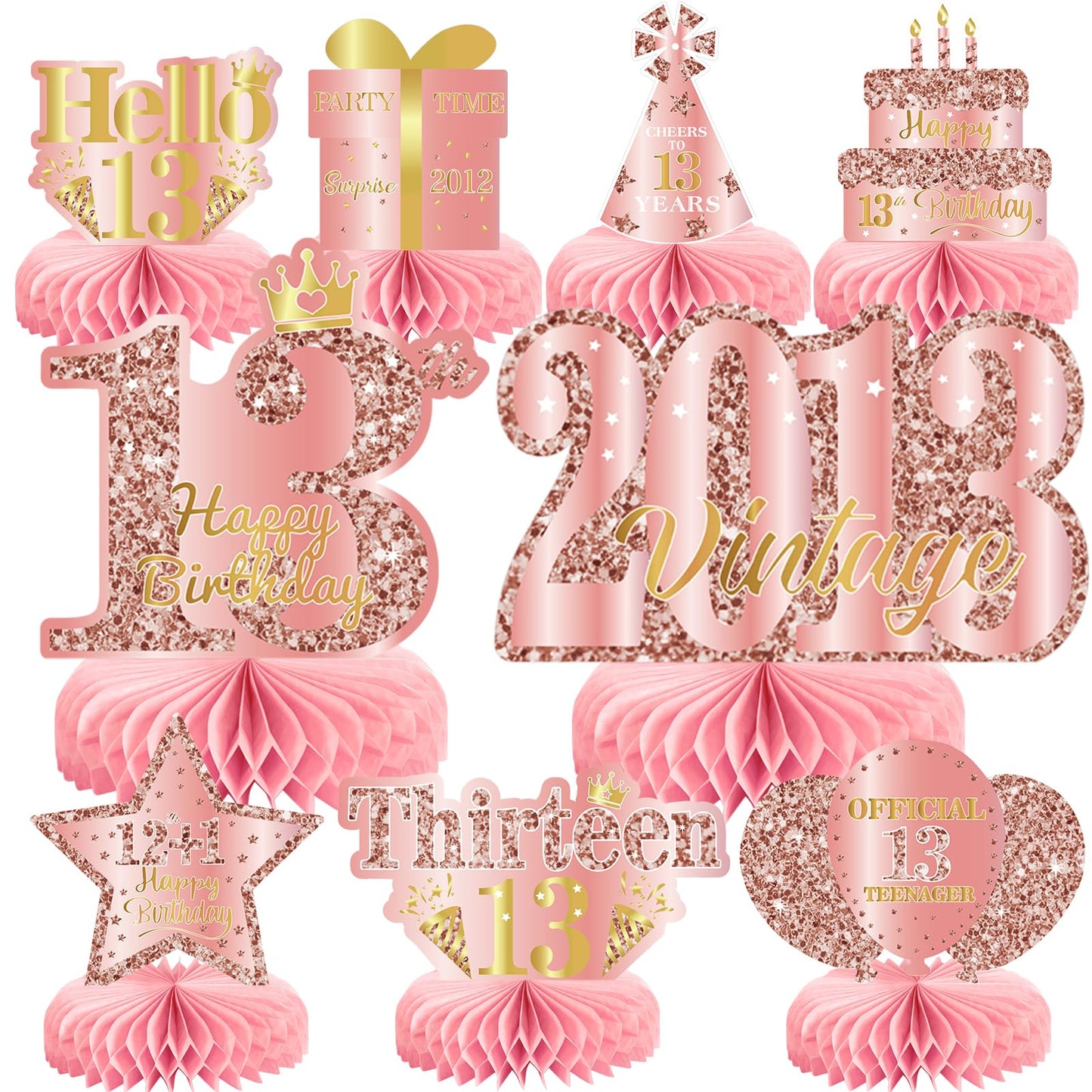 9Pcs 13th Birthday Decorations Rose Gold 13th Birthday Party Decorations for Girls,Pink Happy 13 Years Honeycomb Centerpieces Table Sign Decor Supplies